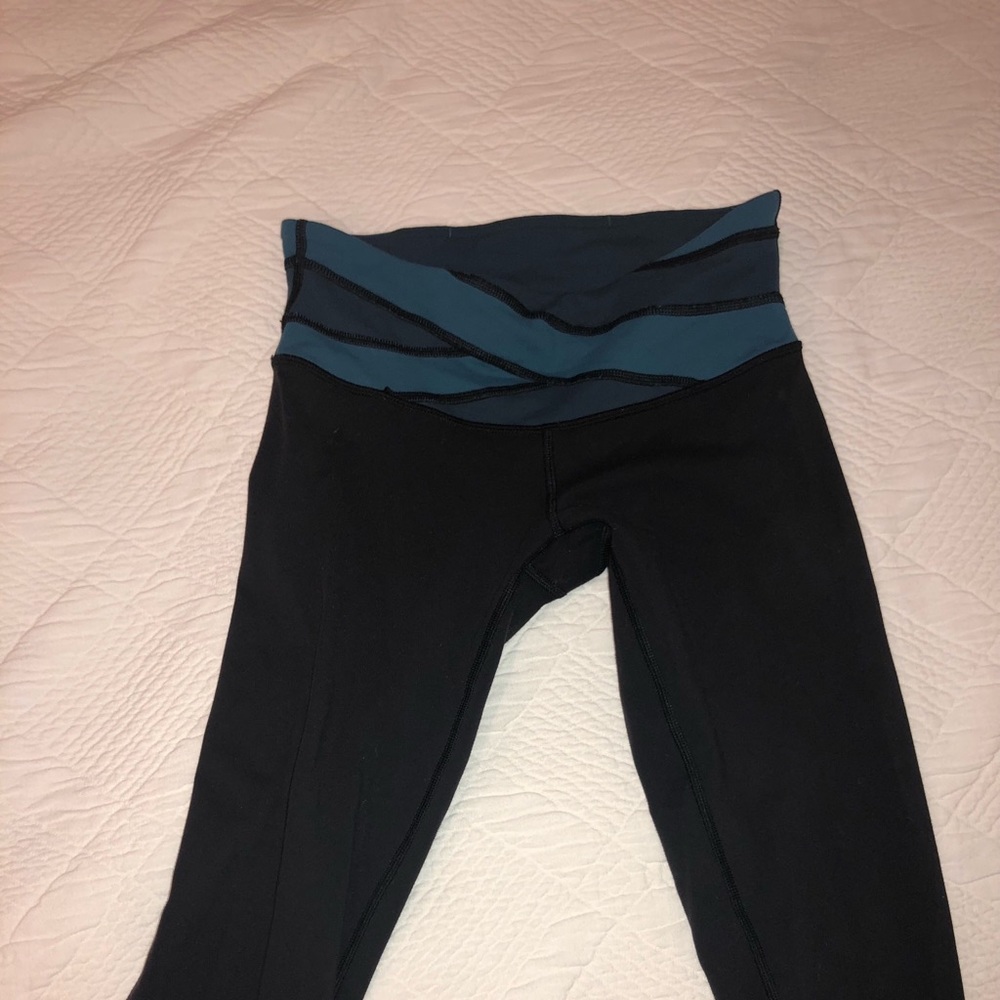 Lulu straight leg pants with teal blue waist band